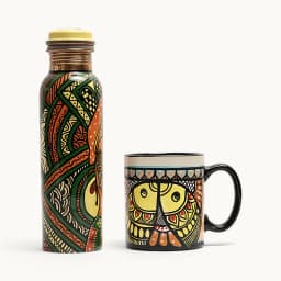 Hand-painted Mithila art bottle and mug set by Dhuku: A Handmade Collective โ a Kathmandu souvenir on Avendi
