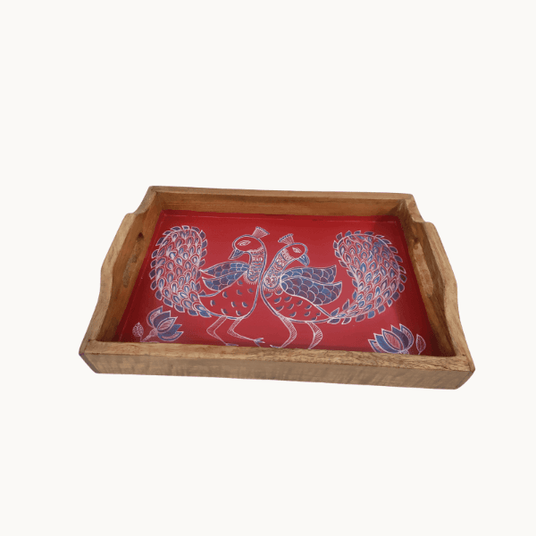 Mithila Art Tea Tray- Red Peacock Design
